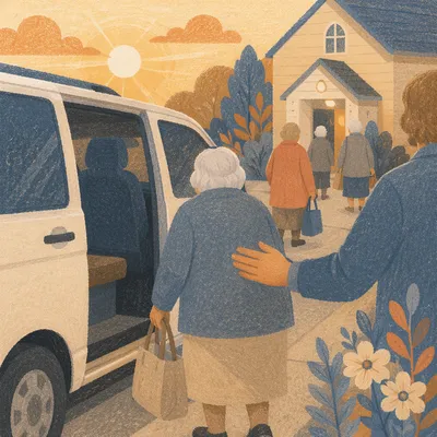 Church Van Welcoming Elderly Members at Sunrise