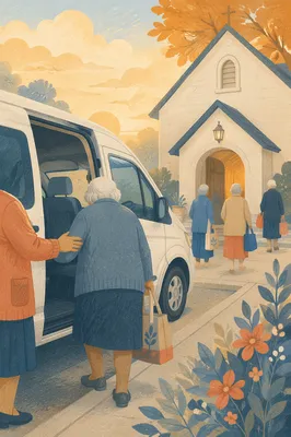 Church Van Welcoming Elderly Members at Sunrise