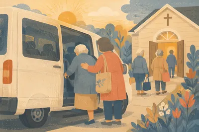 Church Van Welcoming Elderly Members at Sunrise