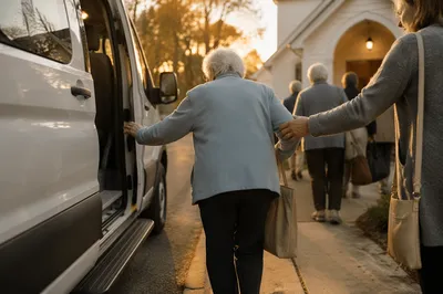 Church Van Welcoming Elderly Members at Sunrise