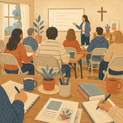 Church Volunteer Training in Bright Classroom