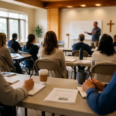 Church Volunteer Training in Bright Classroom