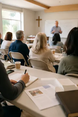 Church Volunteer Training in Bright Classroom