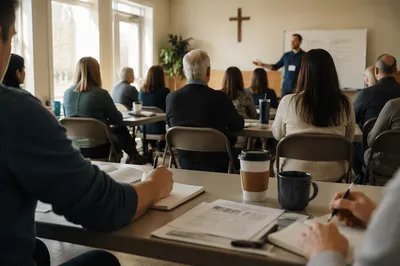 Church Volunteer Training in Bright Classroom