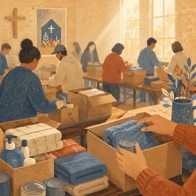 Church Volunteers Packing Relief Supplies Together