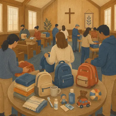 Church Volunteers Packing Donated Supplies