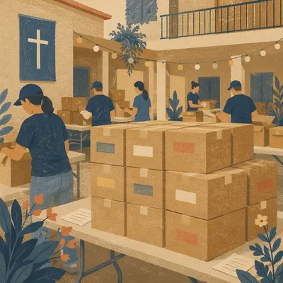 Church Volunteers Packing Community Supply Boxes