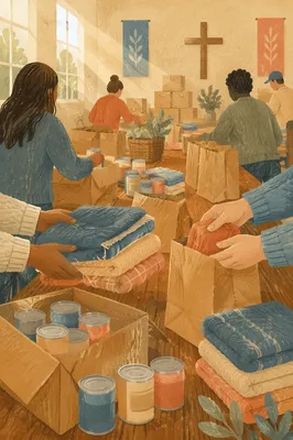 Church Volunteers Packing Supplies in Fellowship Hall