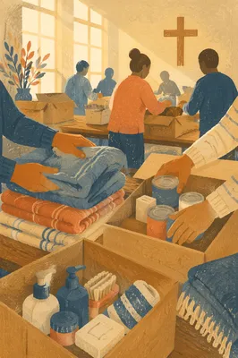 Church Volunteers Packing Supplies in Fellowship Hall