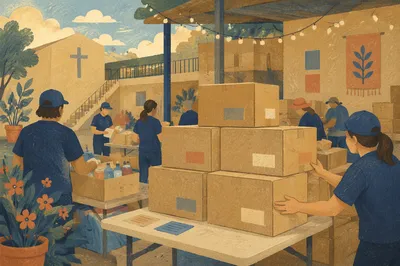 Church Volunteers Packing Community Supply Boxes