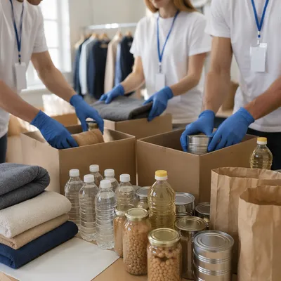 Church Volunteers Packing Donation Supplies Together