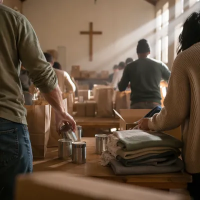 Church Volunteers Packing Supplies in Fellowship Hall