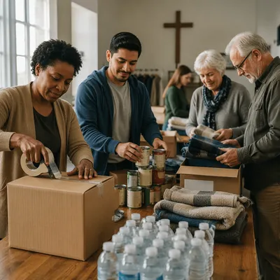 Church Volunteers Packing Community Aid Supplies
