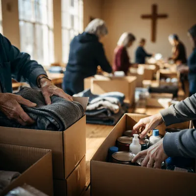 Church Volunteers Packing Supplies in Fellowship Hall