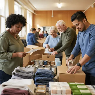 Volunteers Packing Relief Supplies in Community Hall