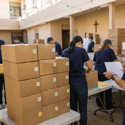 Church Volunteers Packing Community Supply Boxes