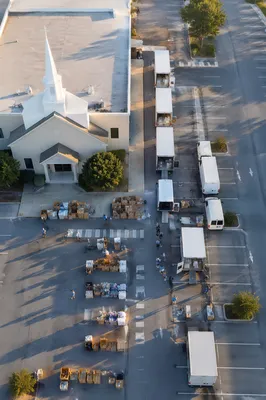 Church Volunteers Organizing Relief Supplies Aerial View