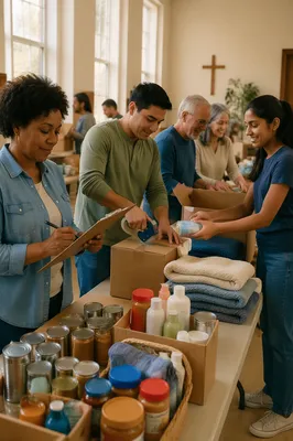 Volunteers Packing Donated Supplies Indoors