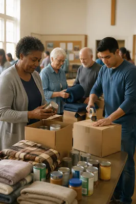 Church Volunteers Packing Donated Supplies Indoors