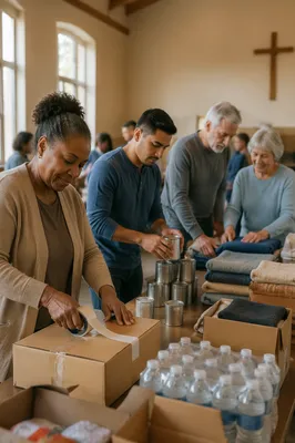 Church Volunteers Packing Aid Supplies Indoors