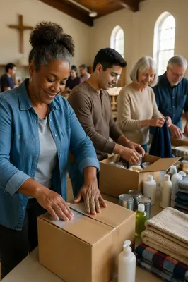 Church Volunteers Packing Aid Supplies Indoors