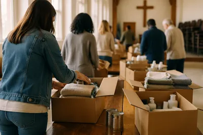 Church Volunteers Packing Relief Supplies Together