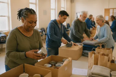 Church Volunteers Packing Aid Supplies Indoors