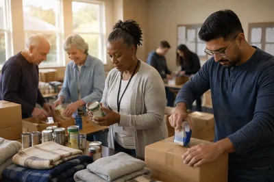 Church Volunteers Packing Donated Supplies Indoors