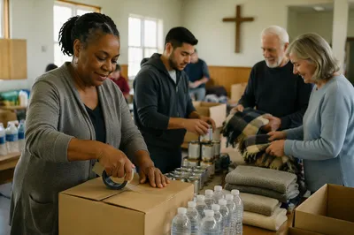 Church Volunteers Packing Aid Supplies Indoors