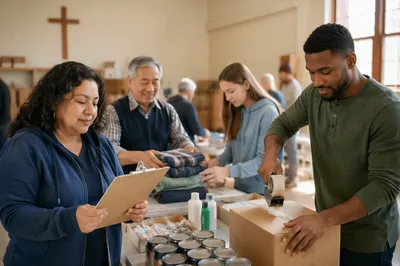 Church Volunteers Packing Donated Supplies Together