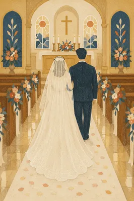 Bride Walking Church Aisle with Petals