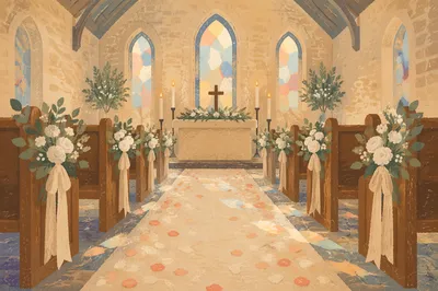 Quiet Church Wedding Aisle with Petals