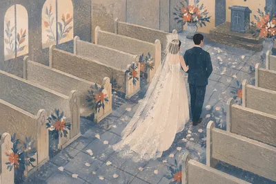 Bride Walking Chapel Aisle with Petals