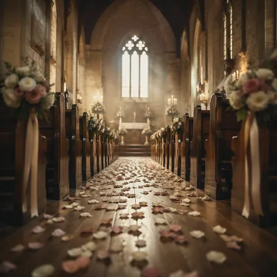 Sunlit Church Wedding Aisle with Petals