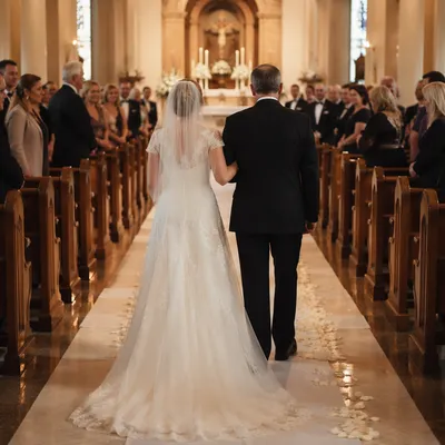 Bride Walking Church Aisle with Petals