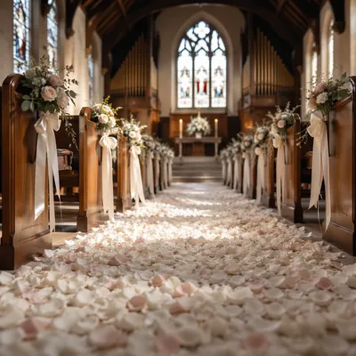 Flower Petal Covered Church Wedding Aisle
