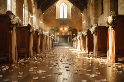 Sunlit Church Wedding Aisle with Petals