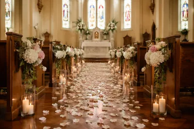 Rose Petals Along Church Wedding Aisle