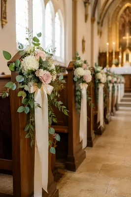 Church Wedding Pew Flowers and Ribbons