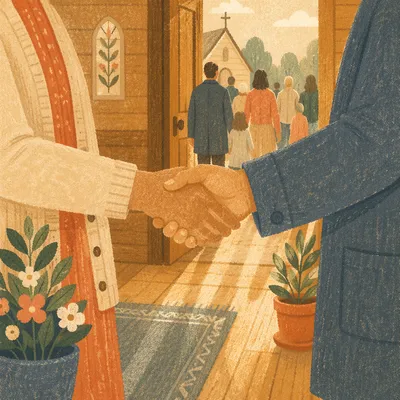 Warm Church Welcome Handshake at Chapel Entrance