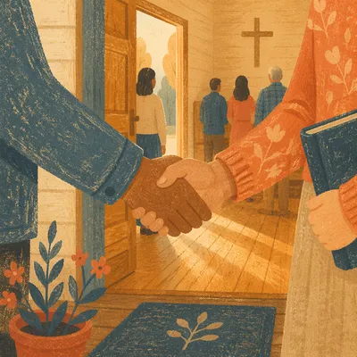 Warm Church Welcome Handshake in Chapel Foyer