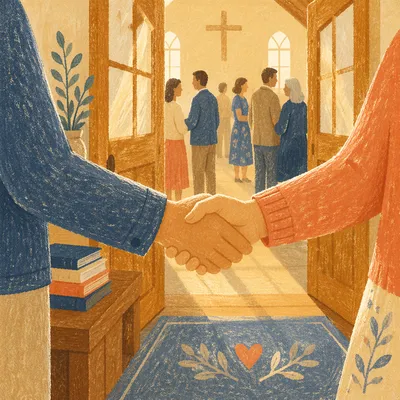 Warm Church Welcome Handshake in Chapel Entryway