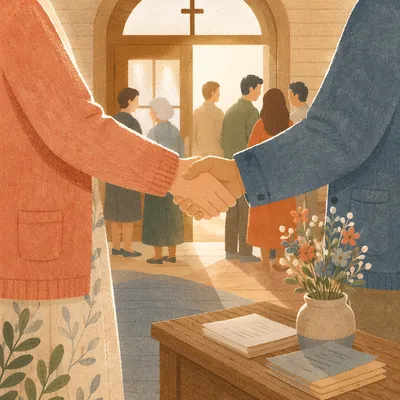 Warm Church Welcome Handshake at Chapel Entrance
