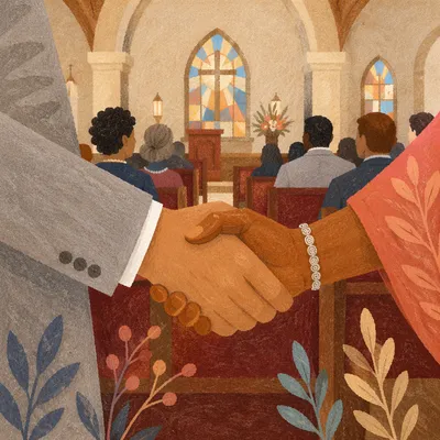 Warm Church Welcome Handshake in Sanctuary