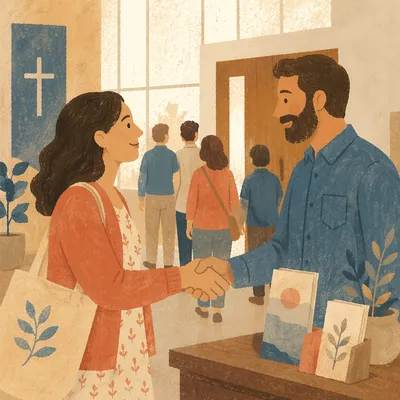 Warm Church Welcome Handshake in Foyer
