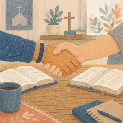 Warm Church Welcome Handshake at Fellowship Table