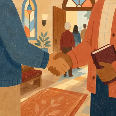 Warm Church Welcome Handshake in Foyer