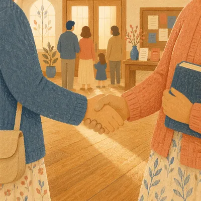 Warm Church Welcome Handshake in Foyer