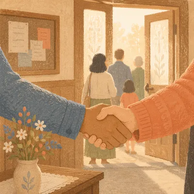 Warm Church Welcome Handshake in Morning Light
