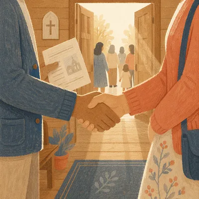 Warm Church Welcome Handshake in Chapel Foyer